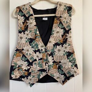 JLN USA Vest Women’s XL Black Beige Sheet Music Floral Christmas Vintage